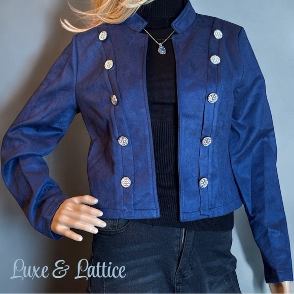 LUXE & LATTICE Jackets & Blazers - Effortless Chic: Faux Suede Blue Jacket with Silver Button Detailing (m)